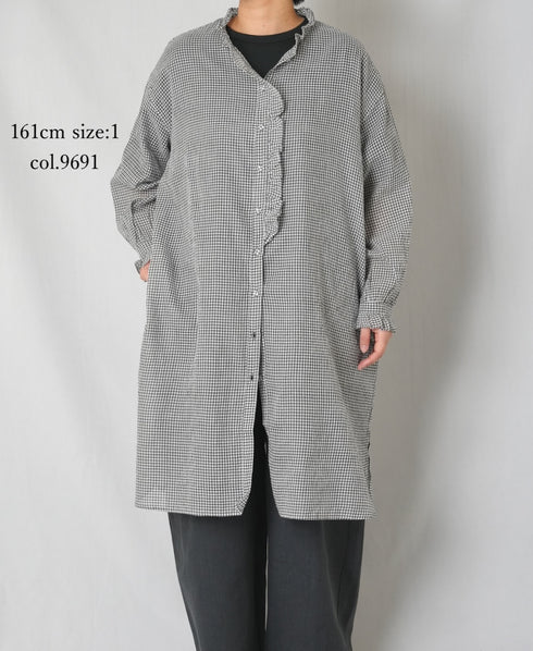 INMDS26023 HANDWOVEN COTTON/SILK SMALL GINGHAM CHECK FRILL COLLAR LONG SHIRTS