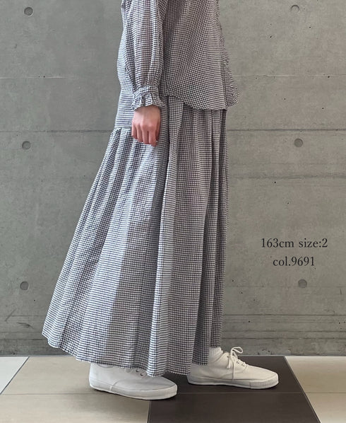 INMDS26026 HANDWOVEN COTTON/SILK SMALL GINGHAM CHECK GATHERED SKIRT