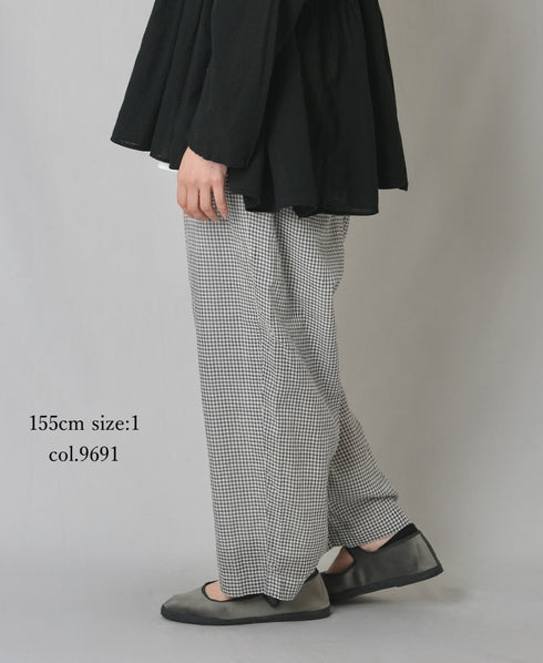 INMDS26025 HANDWOVEN COTTON/SILK SMALL GINGHAM CHECK 2 TUCK TAPERED EASY PANTS