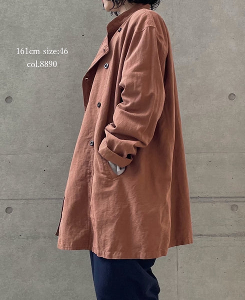 INHT2611CLD COTTON LINEN PLAIN OVERDYE STAND COLLAR DOUBLE BREAST JACKET