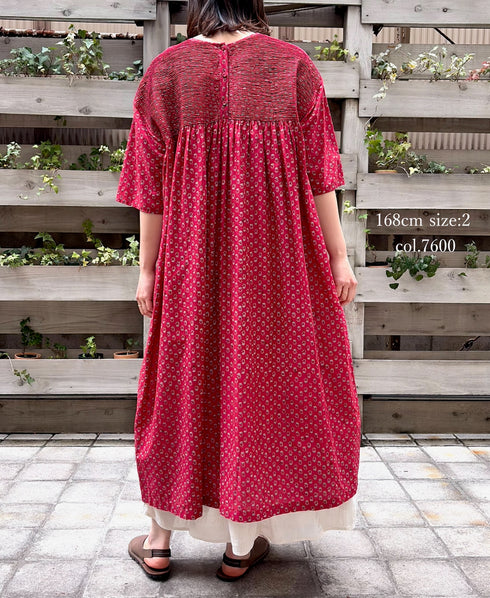 NMDS26253 80s VOILE SMALL GENTIANA BLOCK PRINT BACK OPENING PULLOVER DRESS WITH MINI PINTUCK