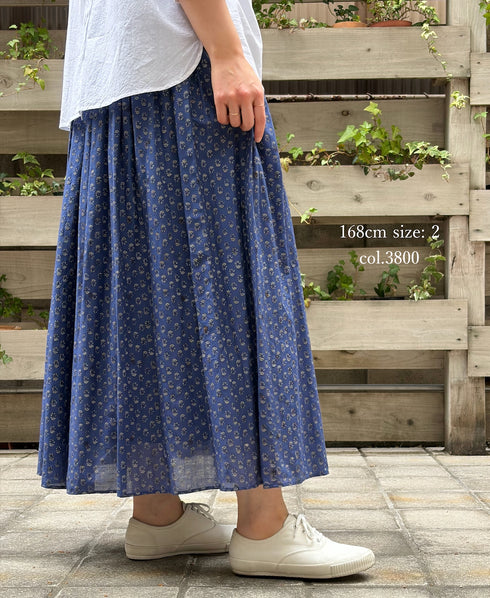 NMDS26254 80s VOILE SMALL GENTIANA BLOCK PRINT GATHERED SKIRT WITH LINING