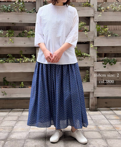 NMDS26254 80s VOILE SMALL GENTIANA BLOCK PRINT GATHERED SKIRT WITH LINING