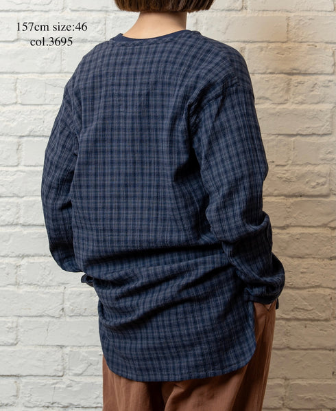 INHT2603CCD COTTON CHECK OVERDYE HENLEY NECK SHIRT