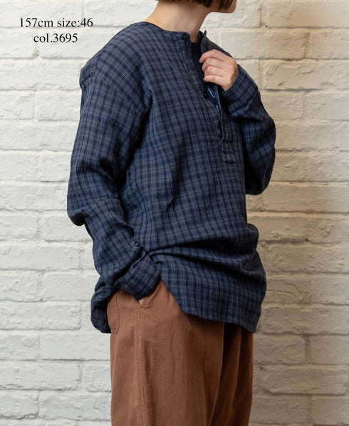 INHT2603CCD COTTON CHECK OVERDYE HENLEY NECK SHIRT