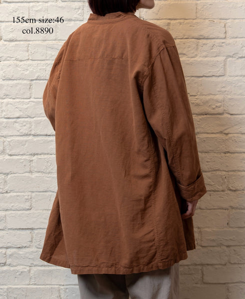 INHT2611CLD COTTON LINEN PLAIN OVERDYE STAND COLLAR DOUBLE BREAST JACKET