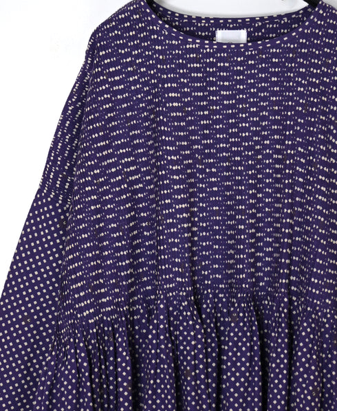 INMDS26082 80s VOILE SQUARE BLOCK PRINT MINI PINTUCK PULLOVER DRESS
