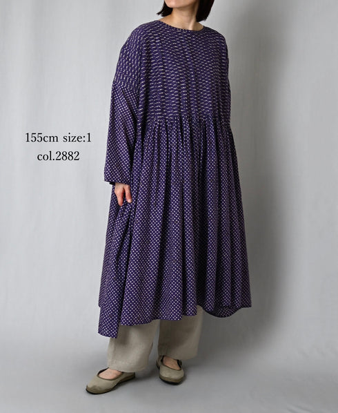 INMDS26082 80s VOILE SQUARE BLOCK PRINT MINI PINTUCK PULLOVER DRESS