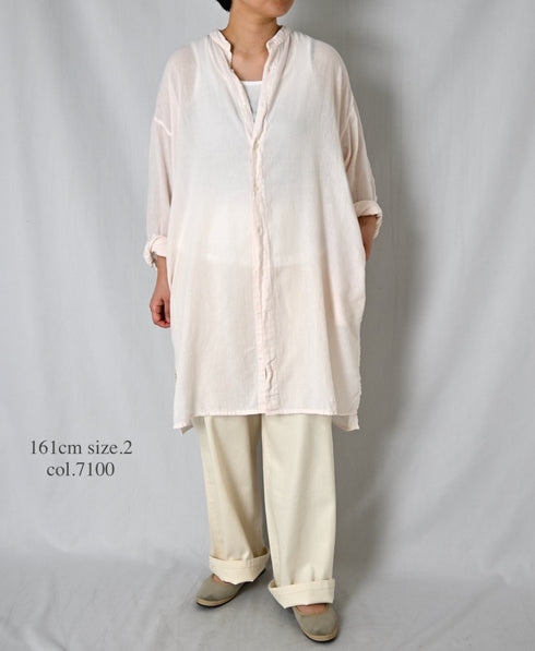 INAM2503G3D 30s GAUZE OVERDYE UTILITY BANDED COLLAR LONG SHIRT