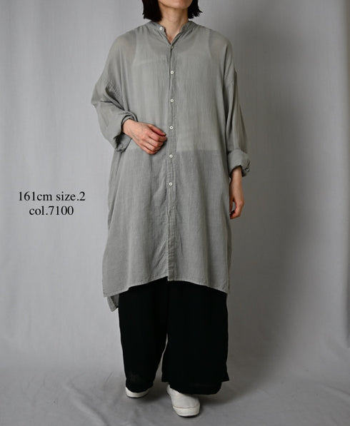 INAM2503G3D 30s GAUZE OVERDYE UTILITY BANDED COLLAR LONG SHIRT