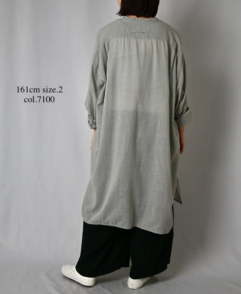 INAM2503G3D 30s GAUZE OVERDYE UTILITY BANDED COLLAR LONG SHIRT