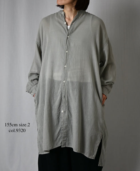 INAM2503G3D 30s GAUZE OVERDYE UTILITY BANDED COLLAR LONG SHIRT