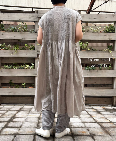NMDS26264D ORGANIC COTTON/LINEN PATCHWORK OVERDYE BANDED F/SLEEVE SHIRT DRESS WITH MINI PINTUCK