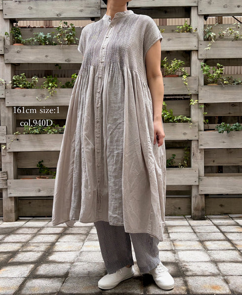 NMDS26264D ORGANIC COTTON/LINEN PATCHWORK OVERDYE BANDED F/SLEEVE SHIRT DRESS WITH MINI PINTUCK