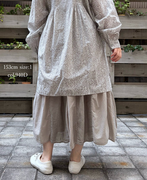 NMDS26265D 80s ORGANIC COTTON/80s LINEN PATCHWORK OVERDYE RAJASTHAN TUCK GATHERED SKIRT
