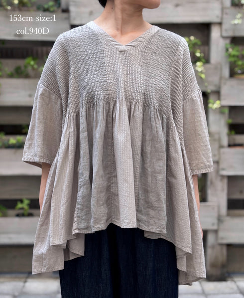 NMDS26262D ORGANIC COTTON/LINEN PATCHWORK OVERDYE V-NECK S/SLEEVE SHIRT WITH MINI PINTUCK