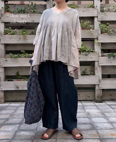 NMDS26262D ORGANIC COTTON/LINEN PATCHWORK OVERDYE V-NECK S/SLEEVE SHIRT WITH MINI PINTUCK