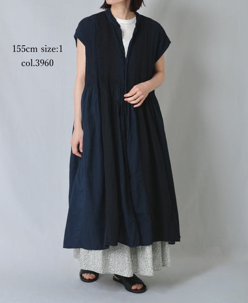 NMDS26264D ORGANIC COTTON/LINEN PATCHWORK OVERDYE BANDED F/SLEEVE SHIRT DRESS WITH MINI PINTUCK