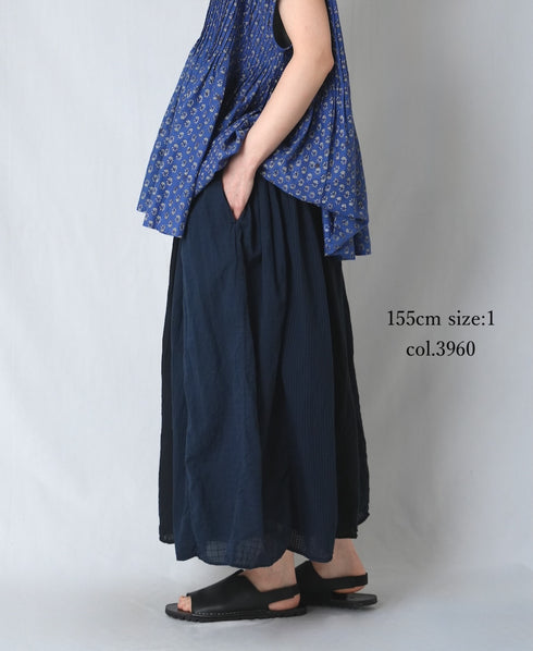 NMDS26265D 80s ORGANIC COTTON/80s LINEN PATCHWORK OVERDYE RAJASTHAN TUCK GATHERED SKIRT