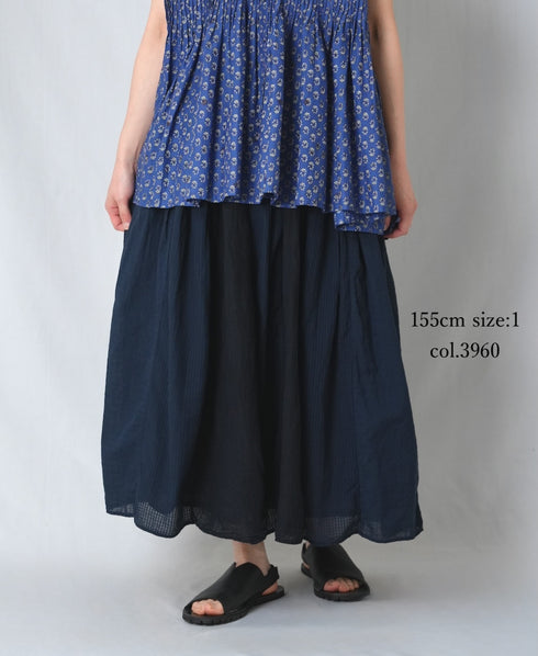 NMDS26265D 80s ORGANIC COTTON/80s LINEN PATCHWORK OVERDYE RAJASTHAN TUCK GATHERED SKIRT