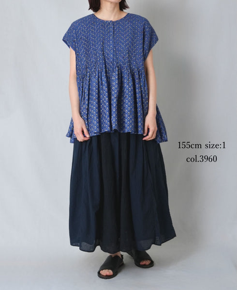 NMDS26265D 80s ORGANIC COTTON/80s LINEN PATCHWORK OVERDYE RAJASTHAN TUCK GATHERED SKIRT