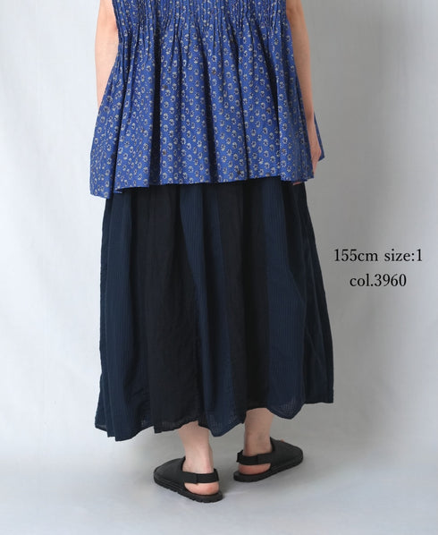 NMDS26265D 80s ORGANIC COTTON/80s LINEN PATCHWORK OVERDYE RAJASTHAN TUCK GATHERED SKIRT