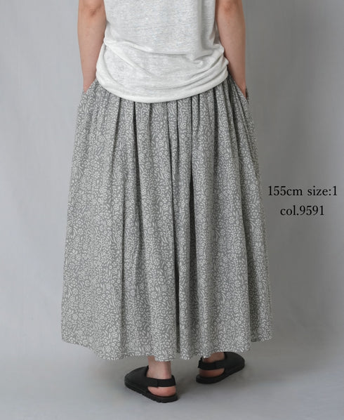INMDS26105 80s COTTON FLOWER BLOCK PRINT GATHERED SKIRT