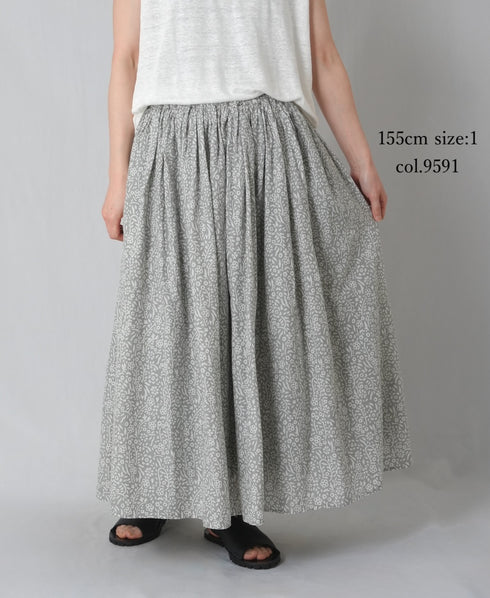 INMDS26105 80s COTTON FLOWER BLOCK PRINT GATHERED SKIRT
