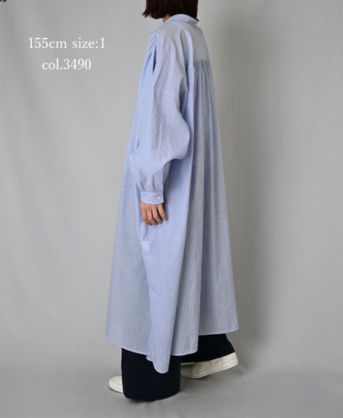 NSL26014 80s COTTON VOILE STRIPE BANDED COLLAR GATHER SHIRT DRESS