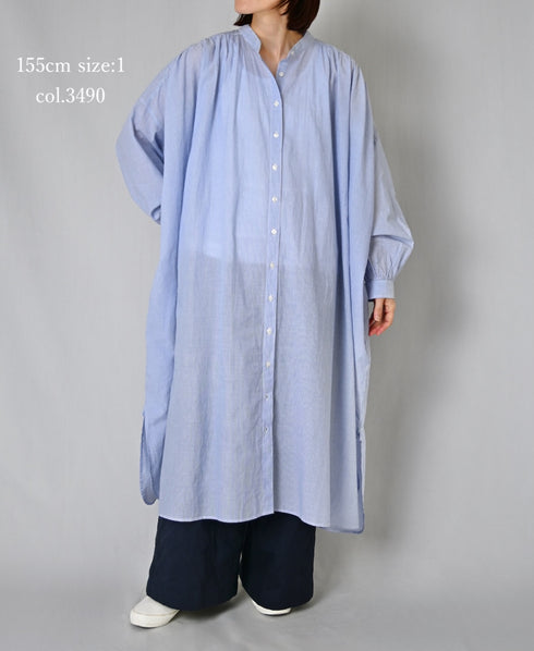 NSL26014 80s COTTON VOILE STRIPE BANDED COLLAR GATHER SHIRT DRESS