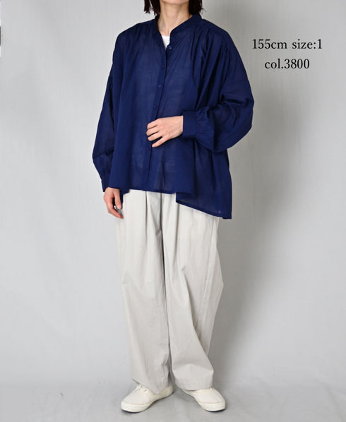 NSL26021 80s COTTON VOILE PLAIN BANDED COLLAR GATHERED SHIRT