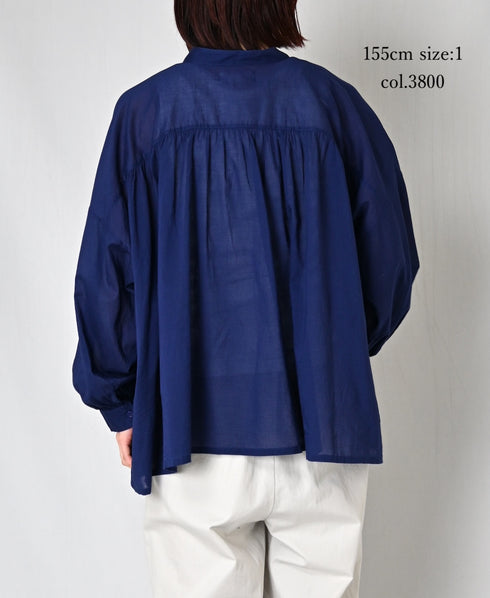 NSL26021 80s COTTON VOILE PLAIN BANDED COLLAR GATHERED SHIRT