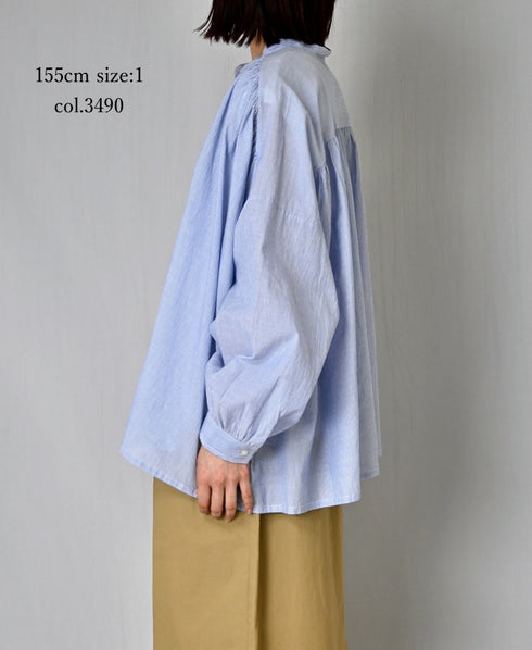 NSL26011 80s COTTON VOILE STRIPE BANDED COLLAR GATHER SHIRT