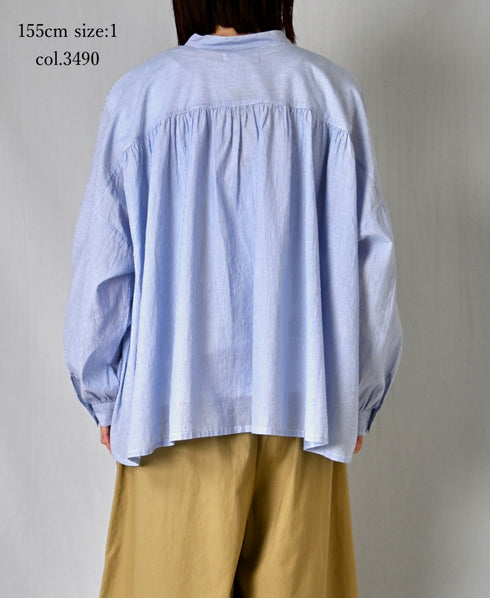 NSL26011 80s COTTON VOILE STRIPE BANDED COLLAR GATHER SHIRT