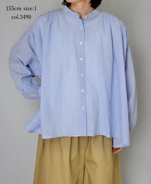 NSL26011 80s COTTON VOILE STRIPE BANDED COLLAR GATHER SHIRT