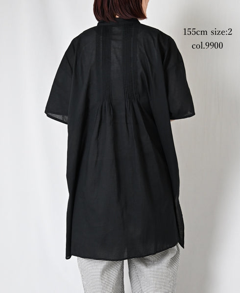 NSL26023 80s COTTON VOILE PLAIN BANDED COLLAR S/SL PINTUCK SHIRT