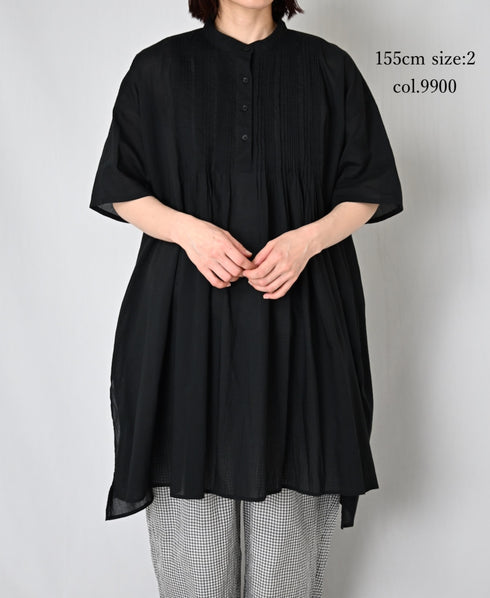 NSL26023 80s COTTON VOILE PLAIN BANDED COLLAR S/SL PINTUCK SHIRT