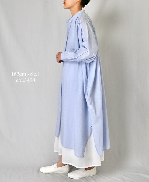 NSL26014 80s COTTON VOILE STRIPE BANDED COLLAR GATHER SHIRT DRESS