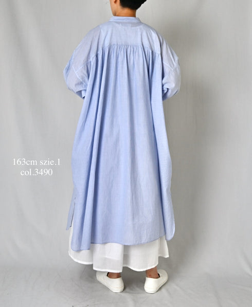 NSL26014 80s COTTON VOILE STRIPE BANDED COLLAR GATHER SHIRT DRESS