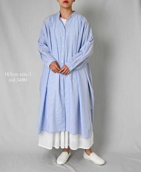 NSL26014 80s COTTON VOILE STRIPE BANDED COLLAR GATHER SHIRT DRESS
