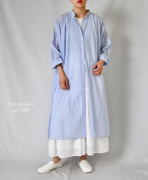 NSL26014 80s COTTON VOILE STRIPE BANDED COLLAR GATHER SHIRT DRESS
