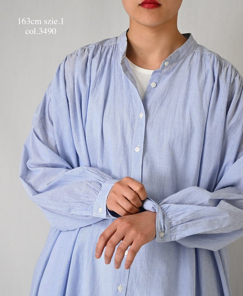 NSL26014 80s COTTON VOILE STRIPE BANDED COLLAR GATHER SHIRT DRESS