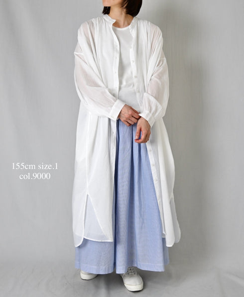 NSL26024 80s COTTON VOILE PLAIN BANDED COLLAR GATHERED SHIRT DRESS