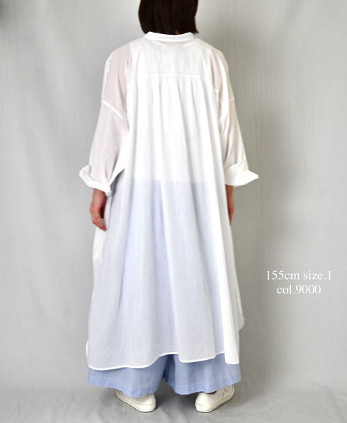 NSL26024 80s COTTON VOILE PLAIN BANDED COLLAR GATHERED SHIRT DRESS