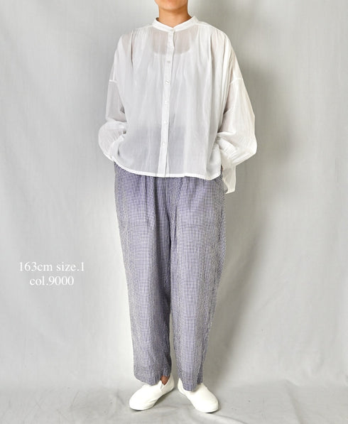 NSL26021 80s COTTON VOILE PLAIN BANDED COLLAR GATHERED SHIRT
