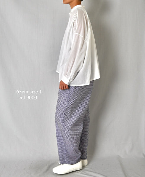NSL26021 80s COTTON VOILE PLAIN BANDED COLLAR GATHERED SHIRT