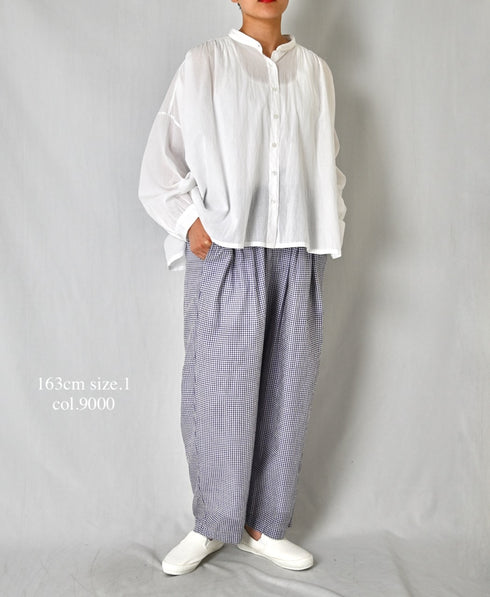 NSL26021 80s COTTON VOILE PLAIN BANDED COLLAR GATHERED SHIRT