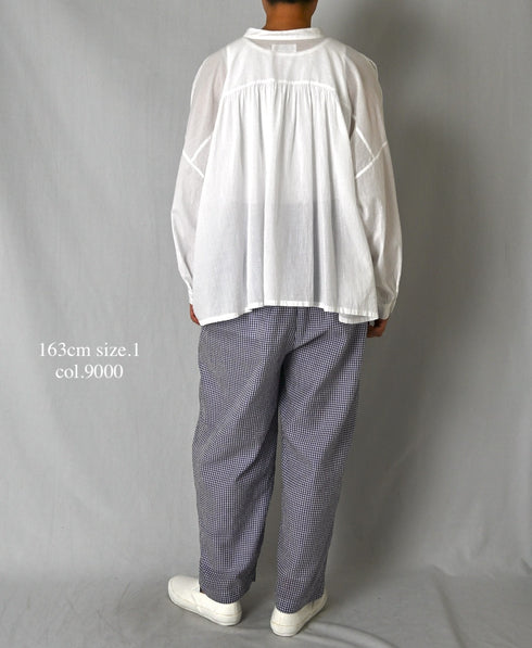 NSL26021 80s COTTON VOILE PLAIN BANDED COLLAR GATHERED SHIRT