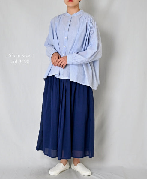 NSL26011 80s COTTON VOILE STRIPE BANDED COLLAR GATHER SHIRT