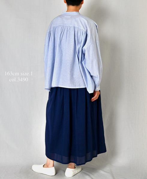 NSL26011 80s COTTON VOILE STRIPE BANDED COLLAR GATHER SHIRT